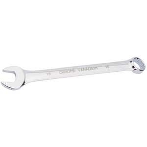 The Draper Hi-Torq® Short Pattern Metric Combination Spanner, 15mm - 8233MM, made of chrome vanadium steel with both open and box ends marked as size 15mm, offers exceptional corrosion protection.