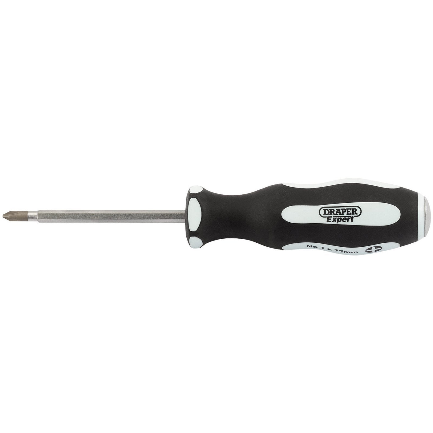 A Draper Pound Thru' Cross Slot Soft Grip Screwdriver, No.1 X 75mm - 996CS/PT with a black and white soft grip handle labeled "Draper," featuring hardened blades for durability.