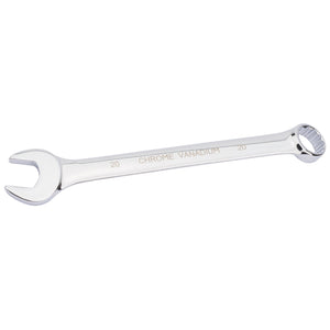 The Draper Hi-Torq® Short Pattern Metric Combination Spanner, 20mm - 8233MM, features an open-end and a box-end, crafted from chrome vanadium steel and marked with the number 20 on both sides. This tool also offers excellent corrosion protection for extended durability.