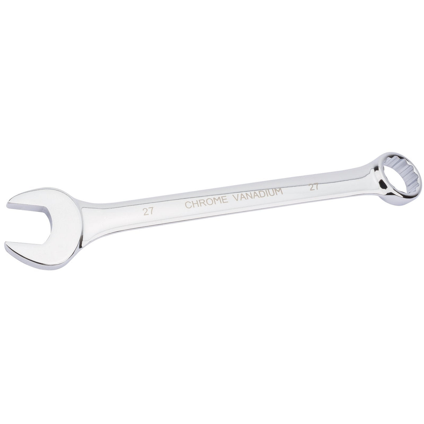 The Draper Hi-Torq® Short Pattern Metric Combination Spanner, 27mm - 8233MM, is a chrome vanadium steel wrench featuring both an open end and a box end for versatile use. It is marked with the number 27 to indicate its size and includes corrosion protection to enhance its durability.