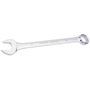 The Draper Hi-Torq® Short Pattern Metric Combination Spanner, 32mm - 8233MM, made from chrome vanadium steel, features an open-end on one side and a box-end on the other, with "32" labeled on both ends for easy identification.