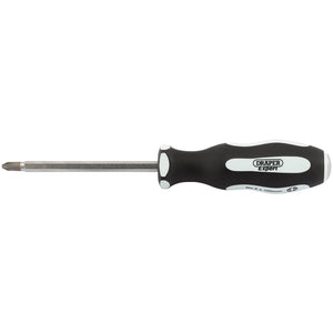 A Phillips-head screwdriver labeled "Draper Pound Thru' Cross Slot Soft Grip Screwdriver, No.2 X 100mm - 996CS/PT" features a black and white oil-resistant handle.