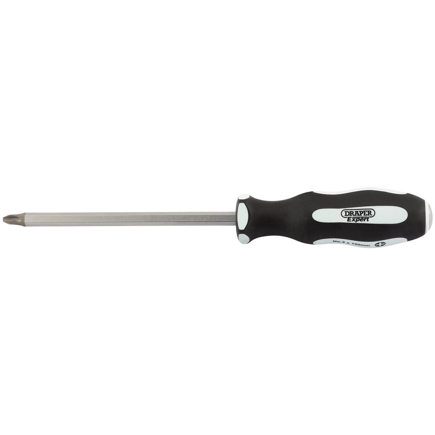 A Draper Pound Thru' Cross Slot Soft Grip Screwdriver, No.3 X 150mm - 996CS/PT, featuring "Draper" branding. This black and white screwdriver comes with a metal shaft and a Phillips head tip, and its soft grip handle ensures comfort during use.