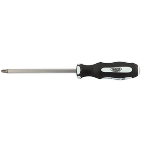 A Draper Pound Thru' Cross Slot Soft Grip Screwdriver, No.3 X 150mm - 996CS/PT, featuring "Draper" branding. This black and white screwdriver comes with a metal shaft and a Phillips head tip, and its soft grip handle ensures comfort during use.