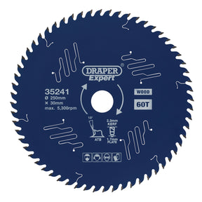 The "Draper Expert Tct Circular Saw Blade For Wood With Ptfe Coating" features 60 teeth and is suitable for wood. It has a diameter of 250mm, a bore size of 30mm, can operate up to 5300 RPM, with a kerf of 2.3mm and a plate thickness of 1.7mm. The product model is SBE5 and it is part of the Draper brand's Expert line.