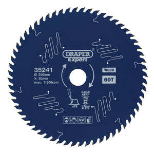 The "Draper Expert Tct Circular Saw Blade For Wood With Ptfe Coating" features 60 teeth and is suitable for wood. It has a diameter of 250mm, a bore size of 30mm, can operate up to 5300 RPM, with a kerf of 2.3mm and a plate thickness of 1.7mm. The product model is SBE5 and it is part of the Draper brand's Expert line.