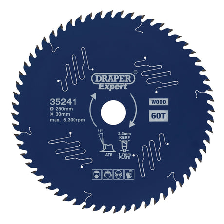 Draper Expert Tct Circular Saw Blade For Wood With Ptfe Coating, 250 X 30mm, 60T - SBE5 - Farming Parts