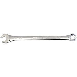 The Draper Imperial Combination Spanner, 3/8" - 8220AF, crafted from durable chrome vanadium steel, features one open-end and one box-end. This silver tool is labeled with measurement markings and meets DIN3113 specifications for quality and reliability.