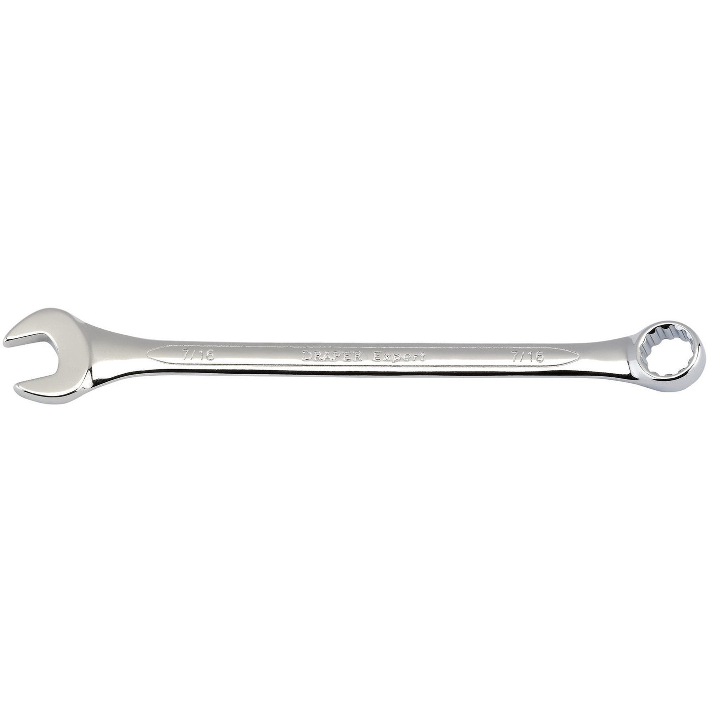 The Draper Imperial Combination Spanner, 7/16" - 8220AF, features an open-end on one side and a box-end on the other, crafted from durable chrome vanadium steel.