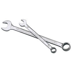 Two Draper Imperial Combination Spanners, one larger than the other, laid diagonally crossing each other. Made from durable chrome vanadium steel with excellent corrosion protection, these wrenches feature open ends on one side and closed ring ends on the other, embodying Draper HI-TORQ quality.