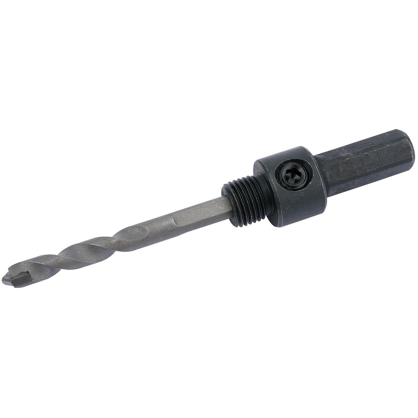 The Draper Carbide Grit Arbor For 14-30mm Hole Saws, 5/16" - HSA6 is a metal drill bit with a threaded shank and a hexagonal base, equipped with a protruding screw for secure attachment, and features a tungsten carbide tipped edge for enhanced durability.