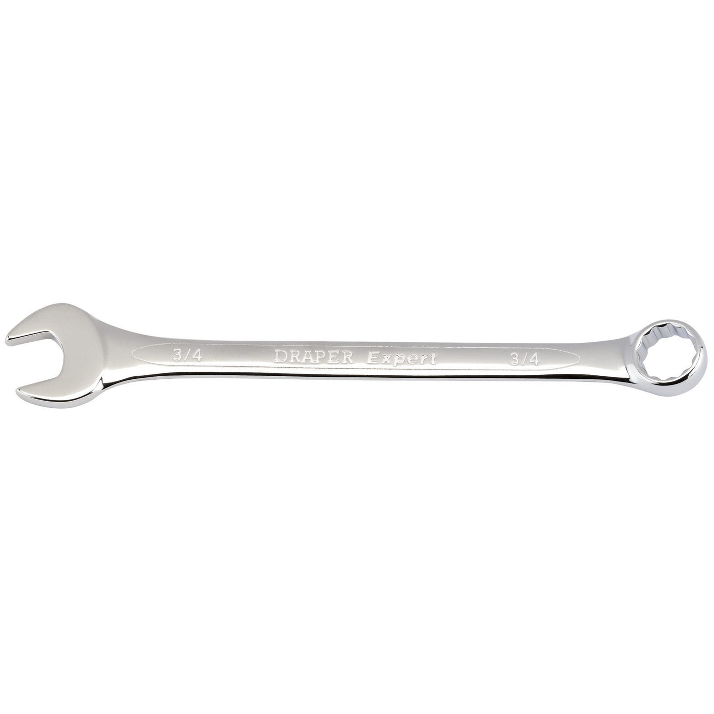 The Draper Imperial Combination Spanner, 3/4" - 8220AF is a chrome-plated wrench featuring both an open-end and a box-end. It bears the markings "Draper HI-TORQ" and "3/4" on both ends and is crafted from durable chrome vanadium steel for enhanced corrosion protection.