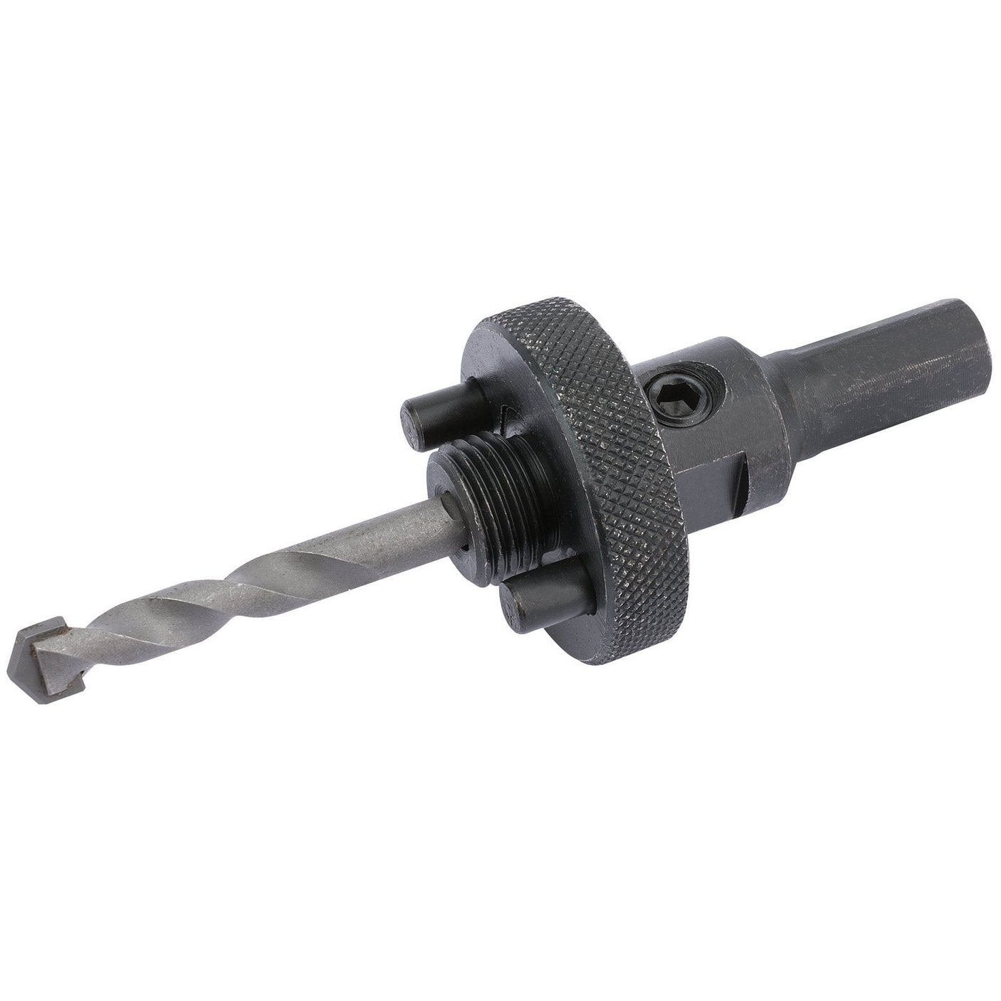 The Draper Carbide Grit Arbor For 32-150mm Hole Saws, 7/16" - HSA7, a premium tungsten carbide accessory featuring an attached drill chuck and hex shank, is perfect for making precise holes in various materials.