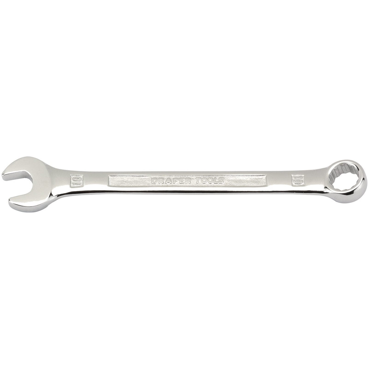 The Draper Combination Spanner, 10mm - 8220MM, featuring an open-end on one side and a closed box end on the other, is marked with "10 mm" and crafted from durable chrome vanadium steel for superior strength and corrosion protection.