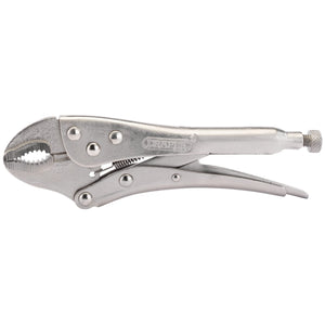 The Draper Curved Jaw Self Grip Pliers, 185mm - 9006A is a silver locking plier that features serrated gripping surfaces, an adjustable screw, and a quick-release lever.