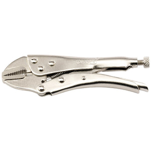 The Draper Straight Jaw Self Grip Pliers, 140mm - 9007A feature a silver finish, sturdy steel grooved jaws, an adjustable screw at the end of one handle for fine-tuning the grip, and a quick-release lever for easy opening of the lock mechanism.