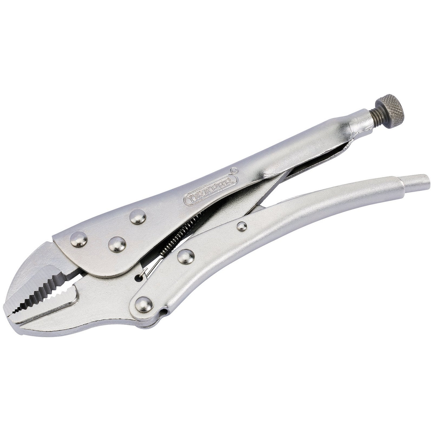 The Draper Straight Jaw Self Grip Pliers, 220mm - 9007A, is a silver locking plier with an adjustable screw and serrated gripping surfaces for holding objects firmly. It also features a quick-release lever for easy operation.