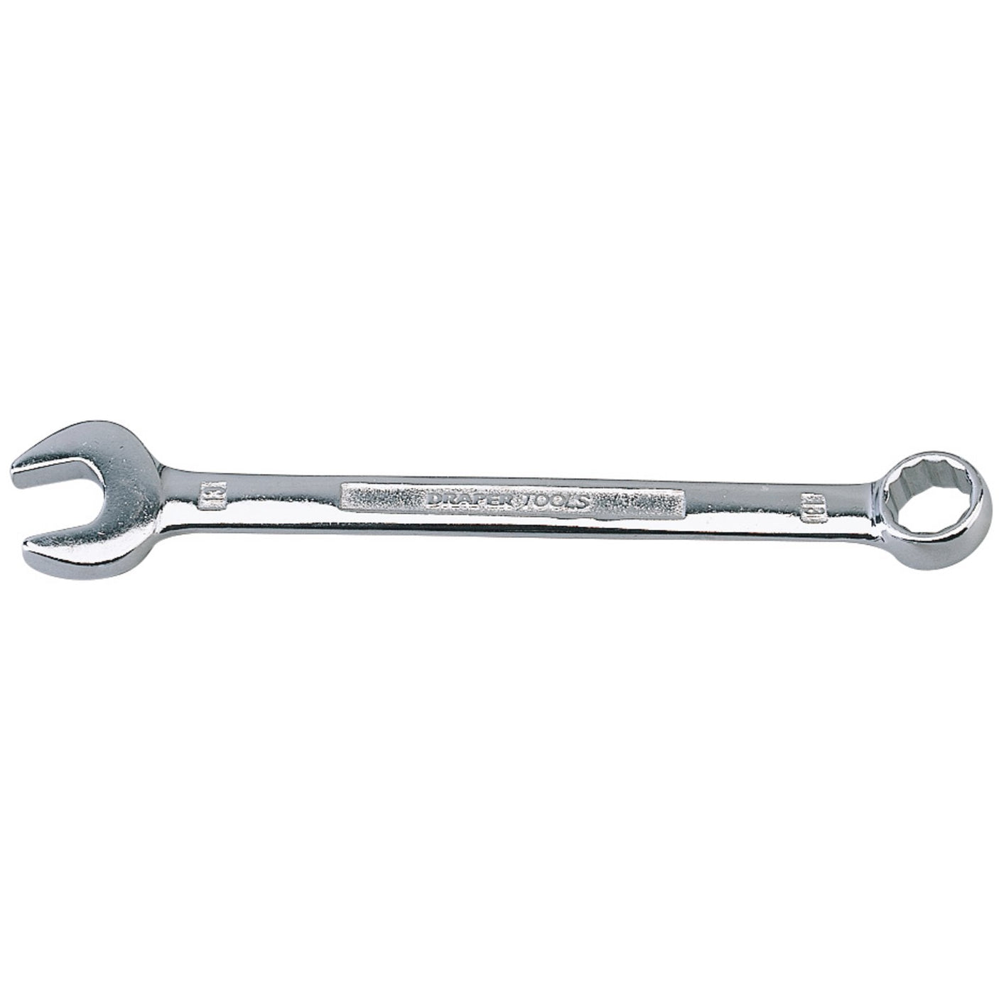 The Draper Combination Spanner, 13mm - 8220MM from Draper features an open-end jaw on one side and a box-end on the other, forged from chrome vanadium and meeting DIN3113 specifications.