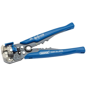 The Draper Dual Action Automatic Wire Stripper/Crimper, 205mm - AWS features a blue handle with adjustable settings, carbon steel blades, and metal components.