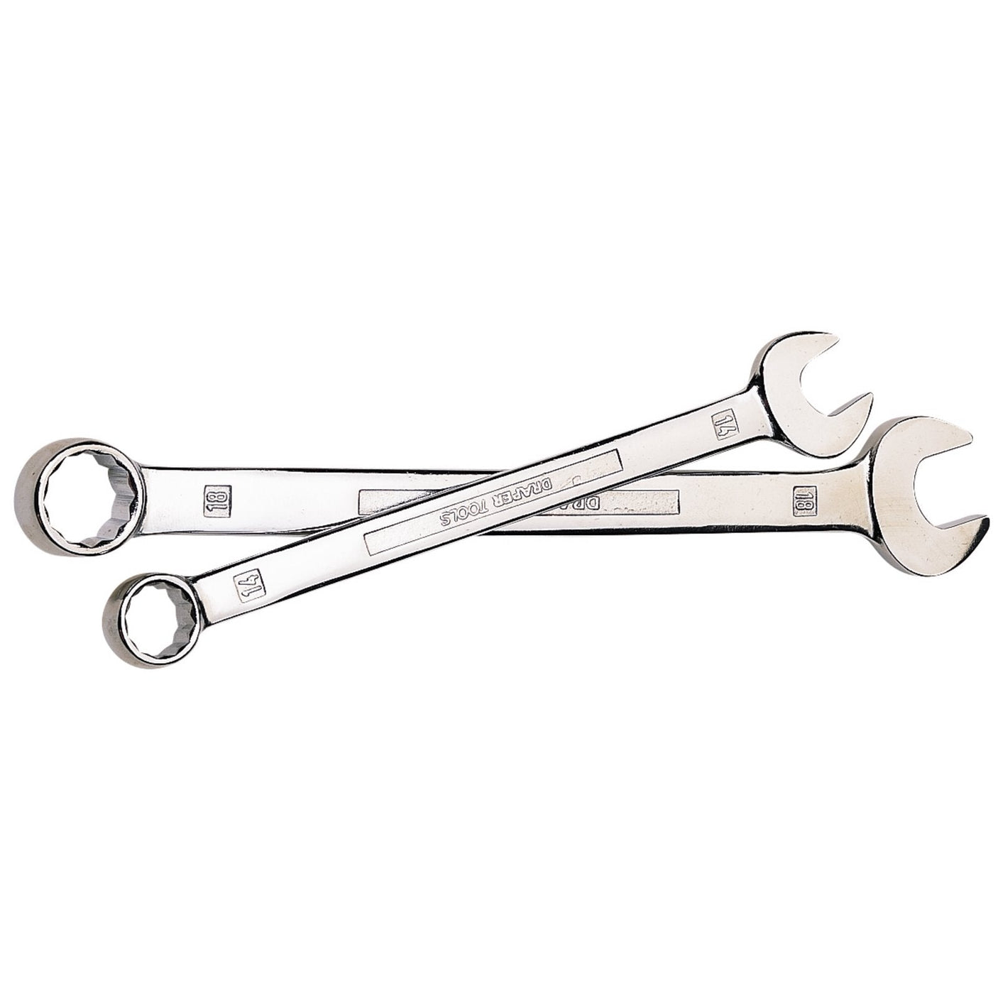 Two Draper Combination Spanners, 14mm - 8220MM, made of chrome vanadium steel with open and closed ends, overlapping and resting on a white background. The spanners have engraved markings, boast excellent corrosion protection, and appear to be in new condition.