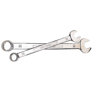 Two Draper Combination Spanners, 14mm - 8220MM, made of chrome vanadium steel with open and closed ends, overlapping and resting on a white background. The spanners have engraved markings, boast excellent corrosion protection, and appear to be in new condition.