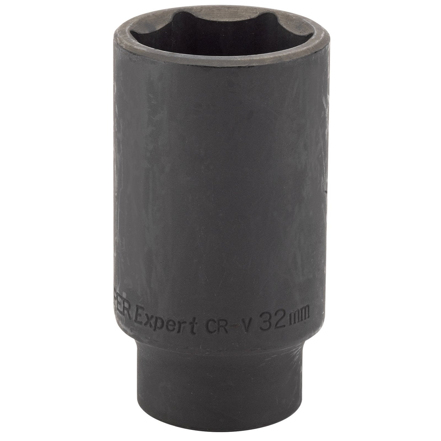 A single black 32mm impact socket made of durable chrome vanadium steel, with "Draper Expert Hi-Torq® Deep Impact Socket, 1/2" Sq. Dr., 32mm - 410D-MM" written on the side.