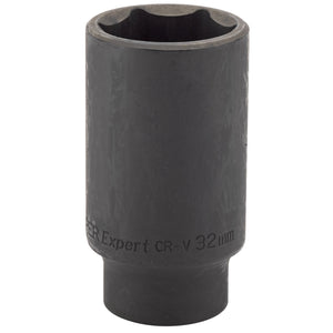 A single black 32mm impact socket made of durable chrome vanadium steel, with "Draper Expert Hi-Torq® Deep Impact Socket, 1/2" Sq. Dr., 32mm - 410D-MM" written on the side.