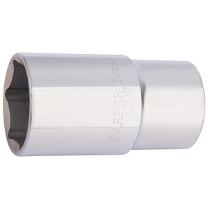 Close-up of a Draper Hub Nut Socket, 1/2" Sq. Dr., 32mm - HTD-MM. The metallic, cylindrical tool has a hexagonal opening and is designed for use with a wrench or ratchet. Ideal for vehicle maintenance, this automotive socket boasts the expert quality that "Draper" is known for, engraved on its surface.