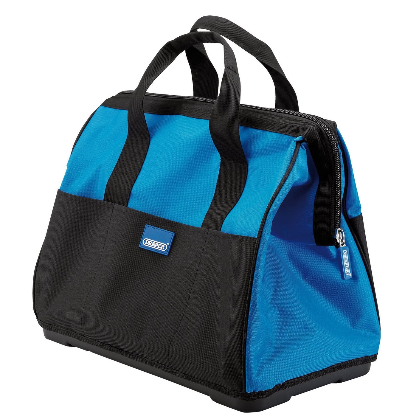 The Draper Open Mouth Tool Bag, 440mm - TBMHB/J features a blue and black color scheme, zippered top, dual handles, durable fabric construction, padded shoulder strap, and external pockets; the bag is displayed against a white background.