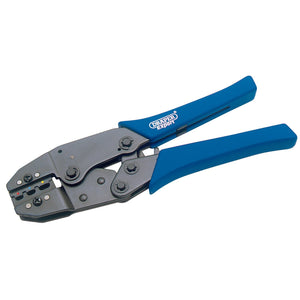 The Draper Ratchet Action Terminal Crimping Tool, 220mm - RCT, features blue handles and is crafted from durable carbon steel, specifically designed for crimping wires and insulated terminals.