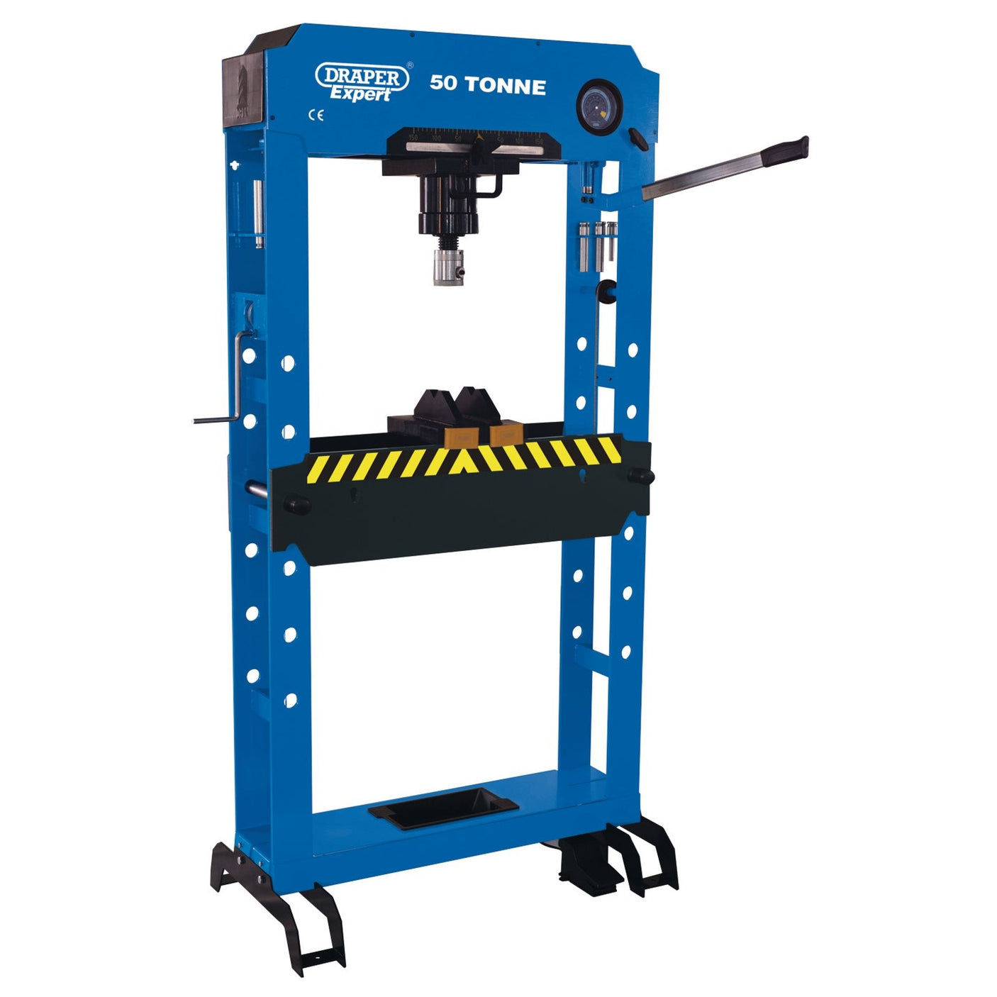 A blue 50-tonne Draper Pneumatic/Hydraulic Floor Press (PFP/50) branded "Draper," featuring a black platform with a caution stripe, lever, and pressure gauge. This robust manual floor press ensures precision and safety for heavy-duty tasks.