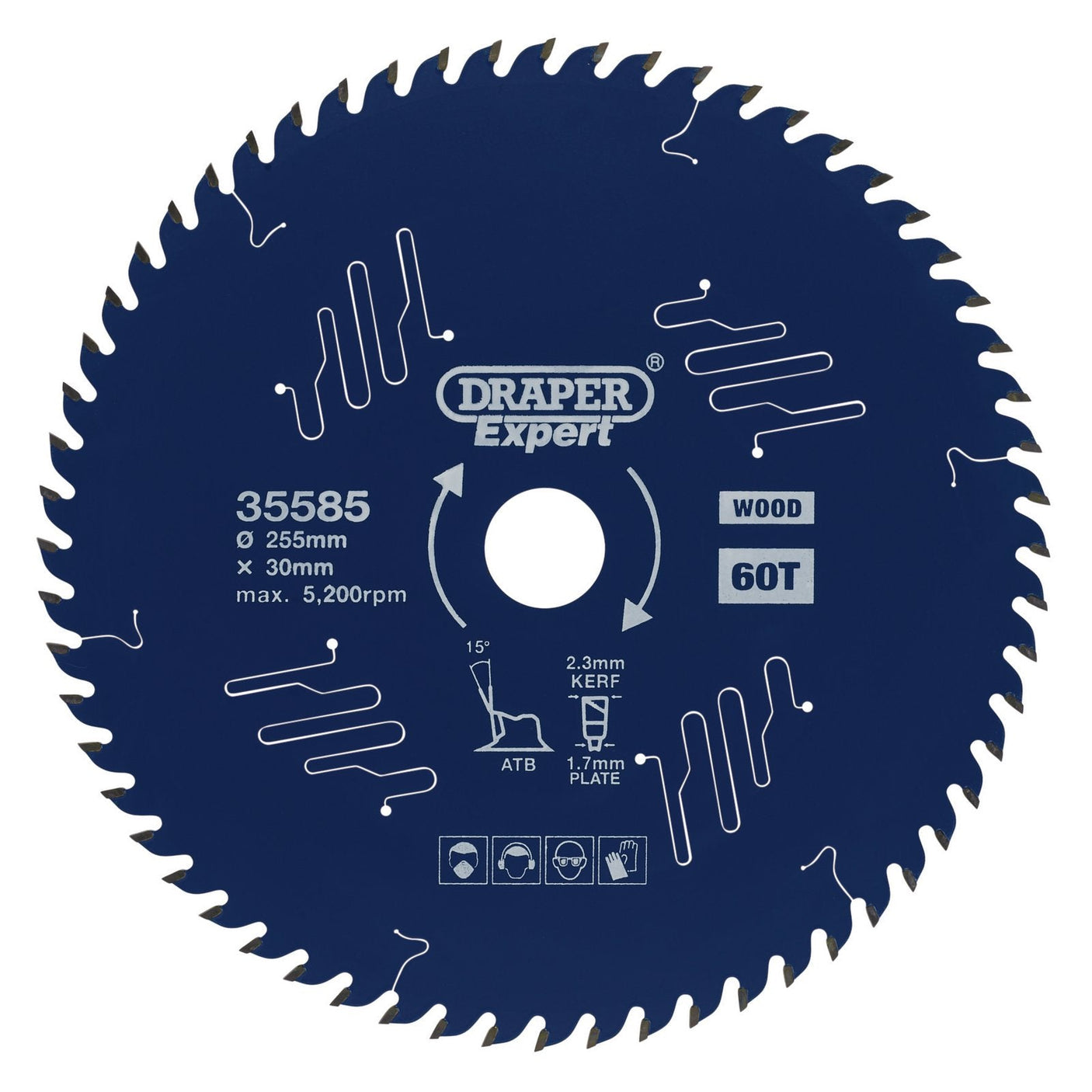 Close-up of a blue Draper Expert Tct Circular Saw Blade for wood with PTFE coating, featuring 60 teeth, labeled "Draper Expert," and showing specifications including a diameter of 255mm, a bore of 30mm, and a maximum speed of 5,200 rpm.