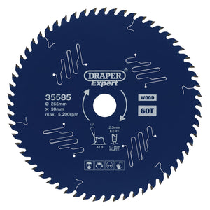 Close-up of a blue Draper Expert Tct Circular Saw Blade for wood with PTFE coating, featuring 60 teeth, labeled "Draper Expert," and showing specifications including a diameter of 255mm, a bore of 30mm, and a maximum speed of 5,200 rpm.