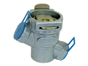 A metallic mechanical component with two blue-sealed ports and a central opening, identified as the Air Brake Line Filter (Sparex Part Number: S.35728) for industrial applications, marked under Sparex with Tariff Code 8481201090.