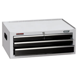 The Draper Intermediate Tool Chest, 3 Drawer, 26", White - TIC3D/W is a heavy-duty metal unit featuring three black, ball bearing drawers and a secure locking system on top. Sturdy handles are located on each side for easy transport.