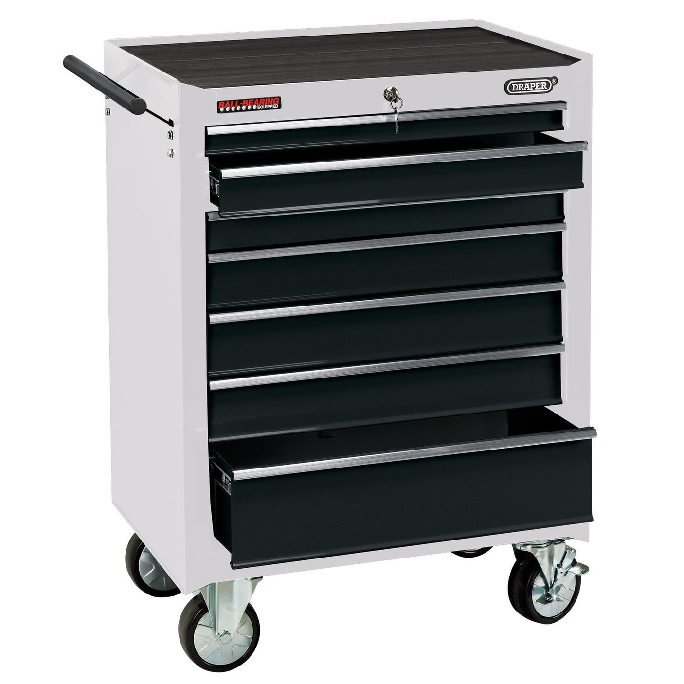 A Draper Roller Tool Cabinet, 7 Drawer, 26", White - RC7D/W features a sleek white and black design with a top work surface, side handle, and four small drawers along with two large drawers that glide on smooth ball bearing runners. One drawer is partially open. This 7-drawer cabinet is equipped with heavy-duty castors to ensure easy mobility.