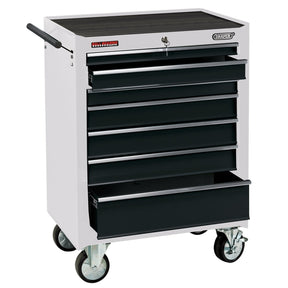 A Draper Roller Tool Cabinet, 7 Drawer, 26", White - RC7D/W features a sleek white and black design with a top work surface, side handle, and four small drawers along with two large drawers that glide on smooth ball bearing runners. One drawer is partially open. This 7-drawer cabinet is equipped with heavy-duty castors to ensure easy mobility.