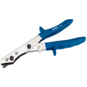 Image of the Draper Hand Nibbler, a 250mm manual tool featuring a metal body with blue, spring-loaded handles and adjustable components, designed by Draper for cutting or crimping tasks.