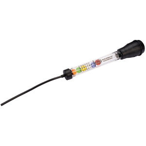 The Draper Disc Type Ethylene Glycol Antifreeze Tester - AFT-4B by Draper features colored balls inside a transparent cylinder and a black rubber bulb at one end; it is used to measure the specific gravity of fluids, including coolant strengths and battery electrolyte levels.