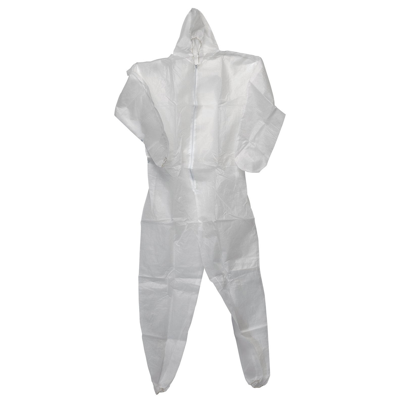 The Draper Disposable Coverall, XL - DO/A2 from Draper provides protection against hazardous dusts and liquid splashes with its white design, hood, zippered front, and elastic cuffs.