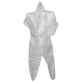 The Draper Disposable Coverall, XL - DO/A2 from Draper provides protection against hazardous dusts and liquid splashes with its white design, hood, zippered front, and elastic cuffs.
