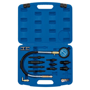 Draper Diesel Compression Test Kit (12 Piece) - CTED2, a blue plastic case from Draper that contains a variety of tools and accessories, including a pressure gauge with a flexible hose as well as multiple connectors and adapters. Ideal for working on fuel injection systems.