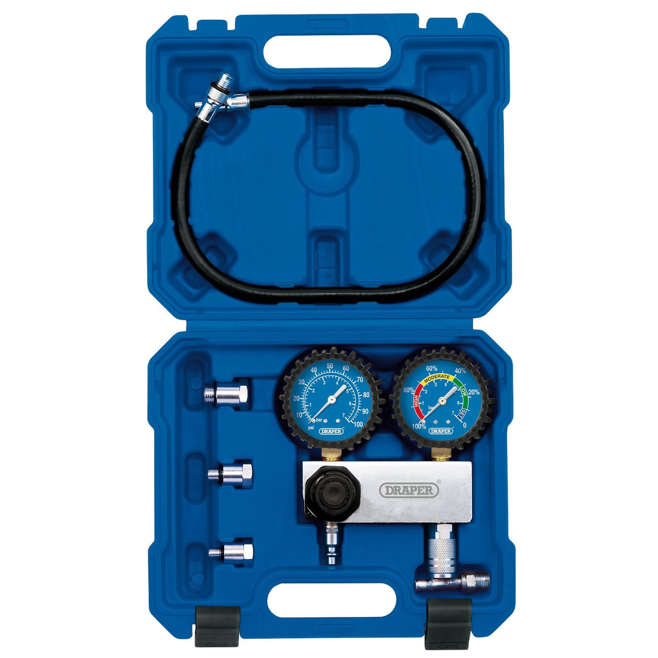 The Draper Cylinder Leakage Kit (7 Piece) - CTECL, a blue plastic carrying case by Draper, contains a pressure gauge kit featuring two dial gauges, connecting hoses, and various fittings for diagnosing cylinder pressure or identifying engine faults.