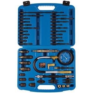 The Draper Petrol And Diesel Master Engine Compression Test Kit (42 Piece) - CTED2-E, encased in a blue plastic carrying case, contains a comprehensive array of motorcycle diagnostic tools, including various adapters, hoses with an anti-kink coil, and a large dual reading pressure gauge, all neatly organized in individual slots.