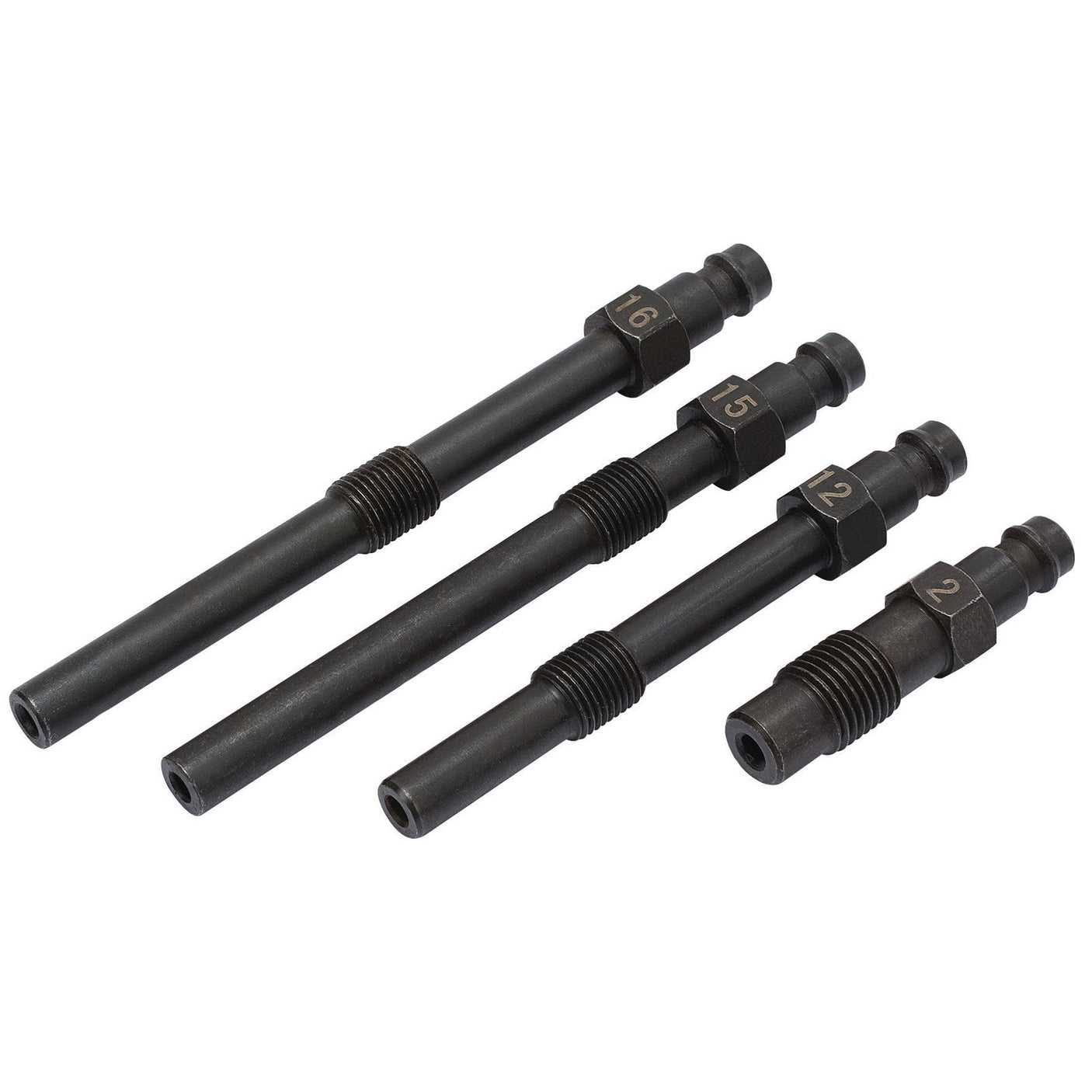 Four black threaded metal rods of varying lengths are arranged parallel to each other. Each rod, reminiscent of the Draper Glow Plug Adaptor Kit (4 Piece) - CTEAK1 for BMW or Mercedes, features a hexagonal section and is labeled with a number from 2 to 16.