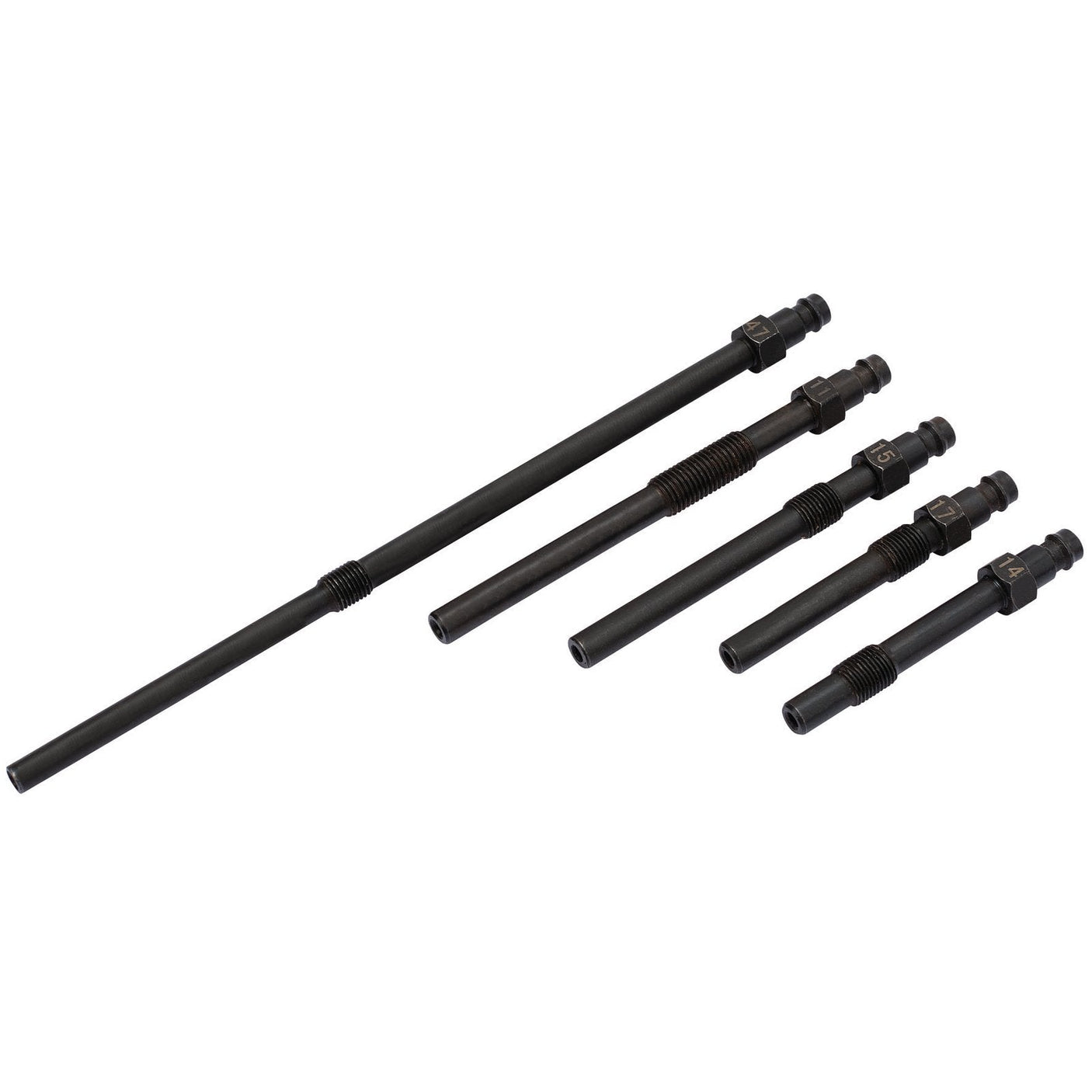 Five black metal rods of varying lengths with threaded ends, useful as part of the Draper Glow Plug Adaptor Kit for Peugeot, Citroen, Ford & Mazda (5 Piece) - CTEAK2.