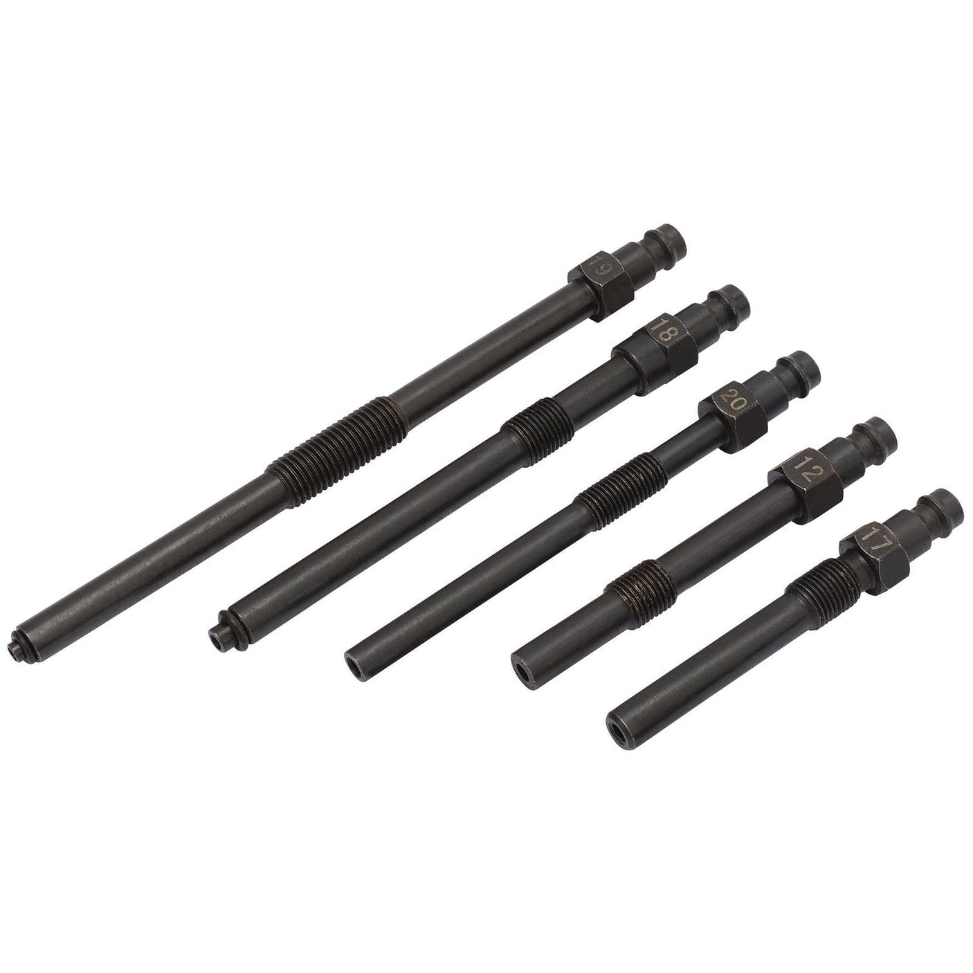 Five black threaded rod connectors of varying lengths, arranged in size order from longest to shortest, ideal for use with the Draper Glow Plug Adaptor Kit for Fiat, Honda, Alfa Romeo & Vauxhall Opel vehicles.