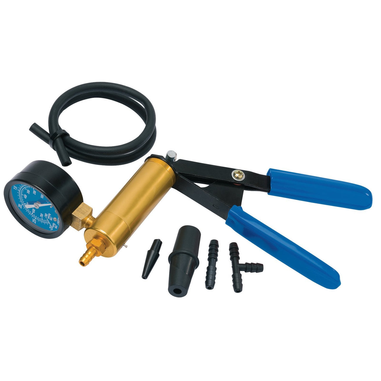 The Draper Vacuum Pump Kit (6 Piece) - CTEVG3, by Draper, features blue handles, a dual reading pressure gauge, a black hose, and various connectors and fittings ideal for vehicle fault finding.