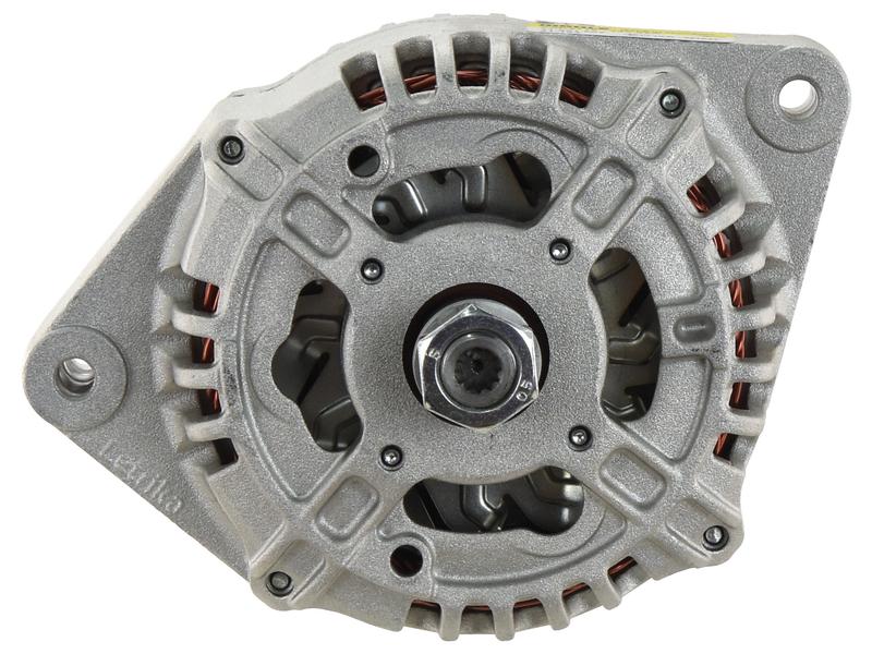 A close-up of a grey metal automotive alternator by Sparex, sold under the name Alternator (Mahle) - 14V, 85 Amps with visible copper windings, a central pulley, and a spade terminal for 14V connections.