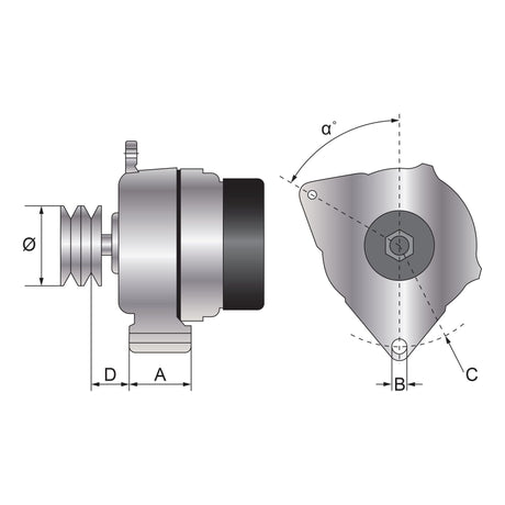 Technical diagram of the *SPECIAL PRICE* - Alternator (Mahle) - 14V, 150 Amps - 4281878M93 by JMCE DEALS showing side and top views with labeled measurements: diameter (Ø), depth (D), width (A and B), height (C), and an angle (α). It also includes specifications for handling currents up to 150 Amps.